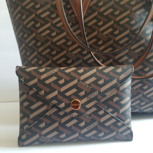 Versace Greca Monogram Coated Canvas Tote With Pouch Black Cream Gold - Picture 8 of 10